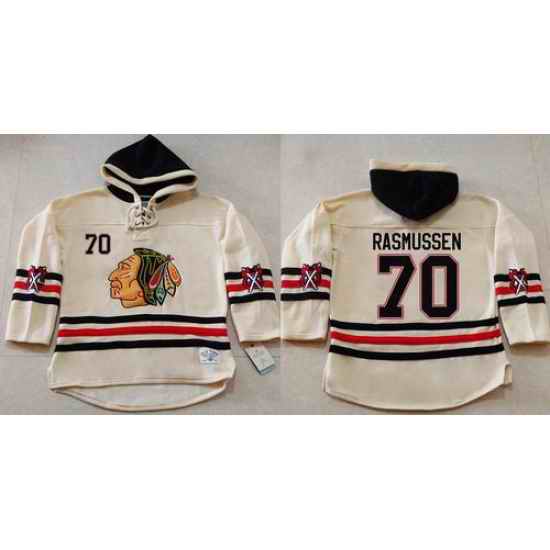 Men Chicago Blackhawks 70 Dennis Rasmussen Cream Heavyweight Pullover Hoodie Stitched NHL Jersey